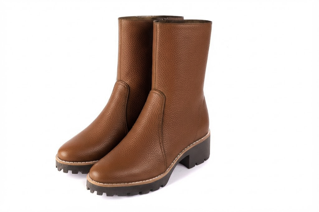 Women's cognac inside-zip ankle boots with round toe and chunky rubber lug sole - Front view